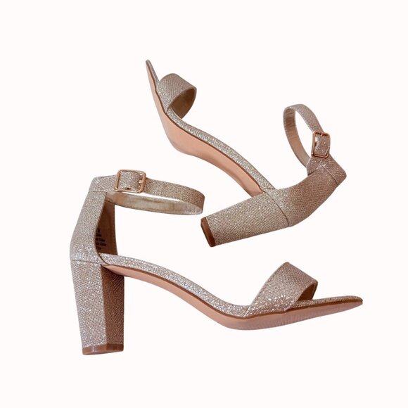 Gold Glitter Block Heel Sandals Size 8 Ankle Strap Open Toe Formal Party Shoes - Picture 6 of 14